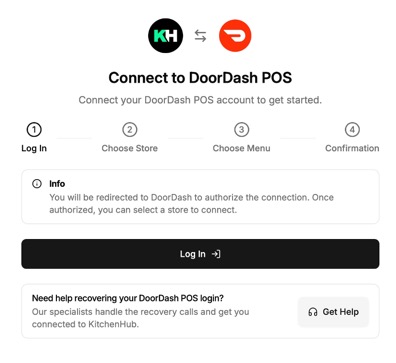 Title: DoorDash login screen on KitchenHub Connect - Description: DoorDash login screen on KitchenHub Connect