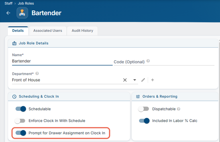 The Bartender job role in Backoffice with Prompt for Drawer Assignment on Clock In turned on and boxed