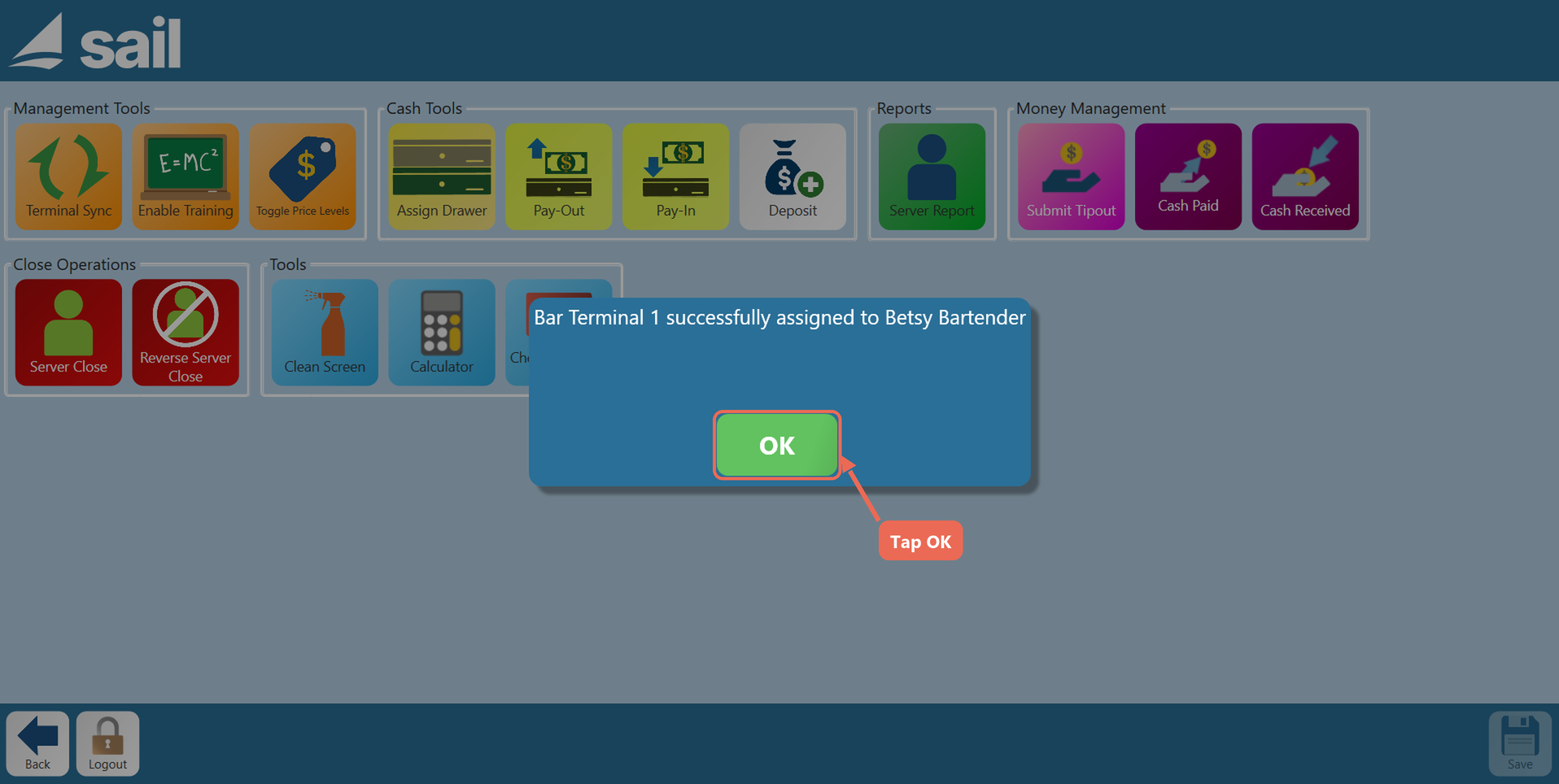 The message Bar Terminal 1 successfully assigned to Betsy Bartender, with the OK button boxed