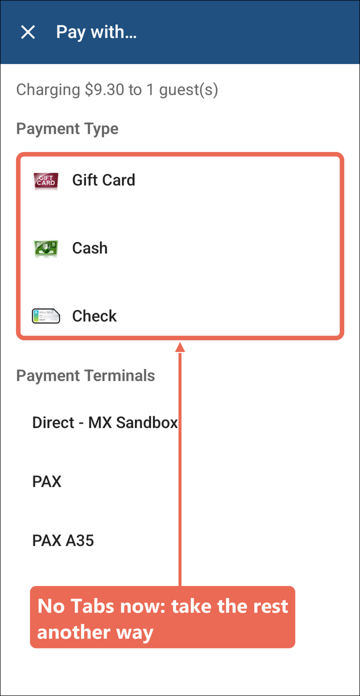 The Pay with screen for the second share, with no Tabs and the payment types marked