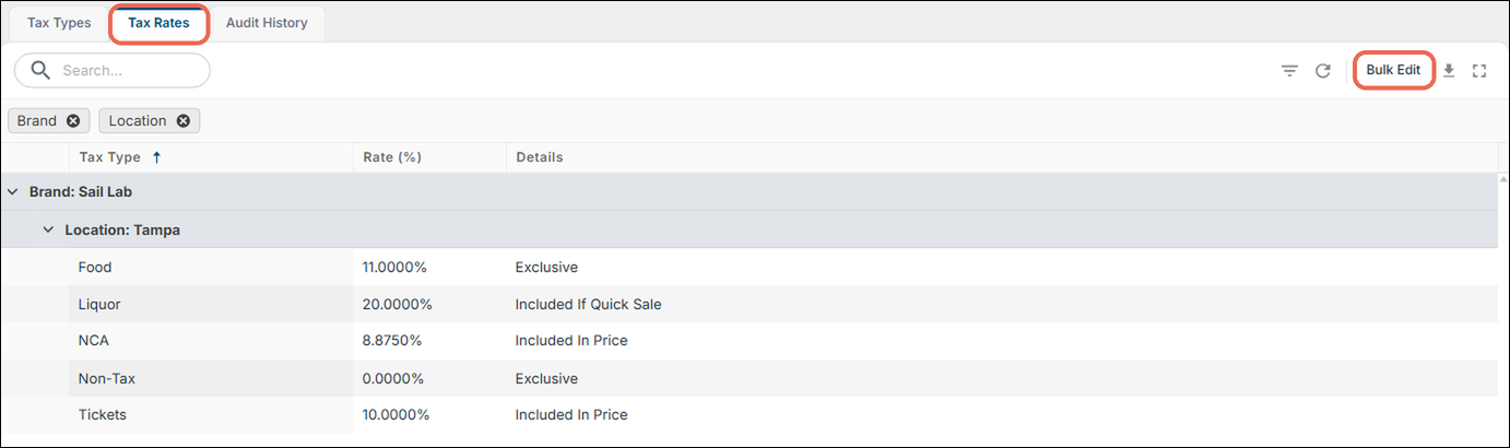 The Tax Rates tab listing each tax type's rate and Details for the Tampa location, with the Tax Rates tab and Bulk Edit marked