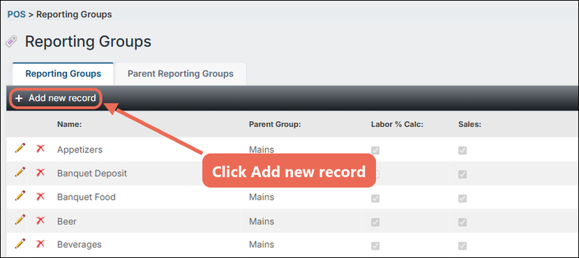 The Reporting Groups list with Add new record marked