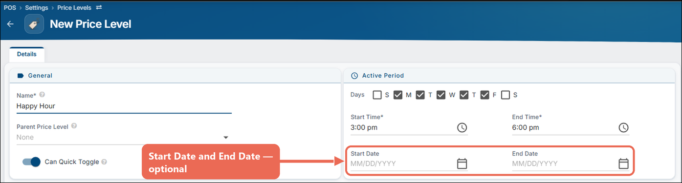 Price Levels: Start and End Dates