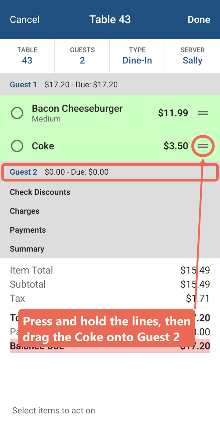 The order in Edit, with the three lines next to the Coke marked and Guest 2 marked as where to drag it
