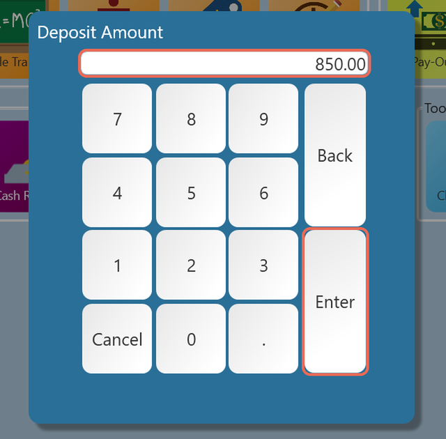 The Deposit Amount keypad with 850.00 typed, the amount and the Enter key boxed