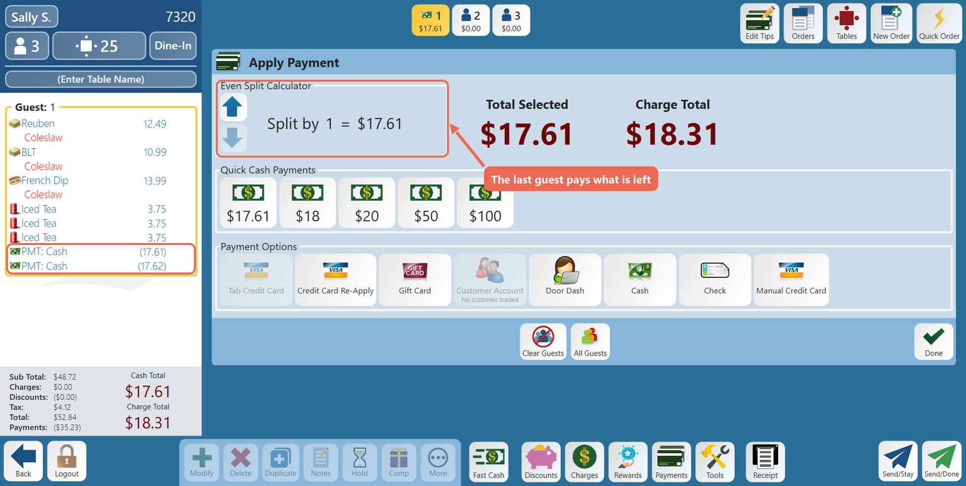 The Payments screen before the last share: two cash payments boxed on the order and the calculator showing Split by 1 = $17.61