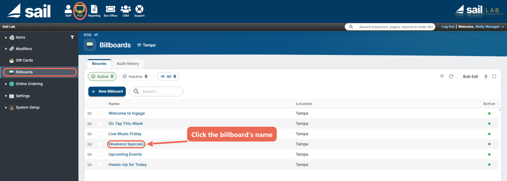 Backoffice with POS at the top and Billboards in the left menu marked, and the billboard Weekend Specials marked in the list