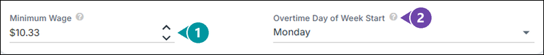 The bottom of the Payroll Settings box with Minimum Wage marked 1 and Overtime Day of Week Start marked 2