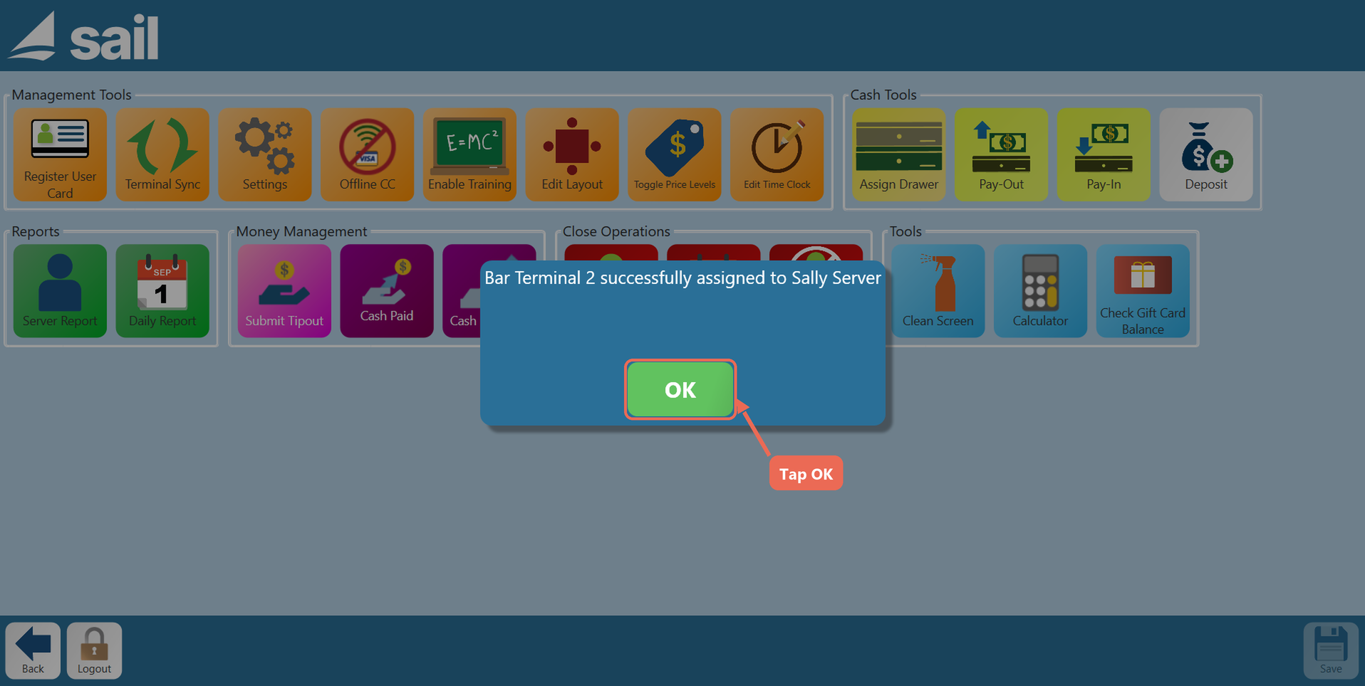 The message Bar Terminal 2 successfully assigned to Sally Server, with the OK button boxed