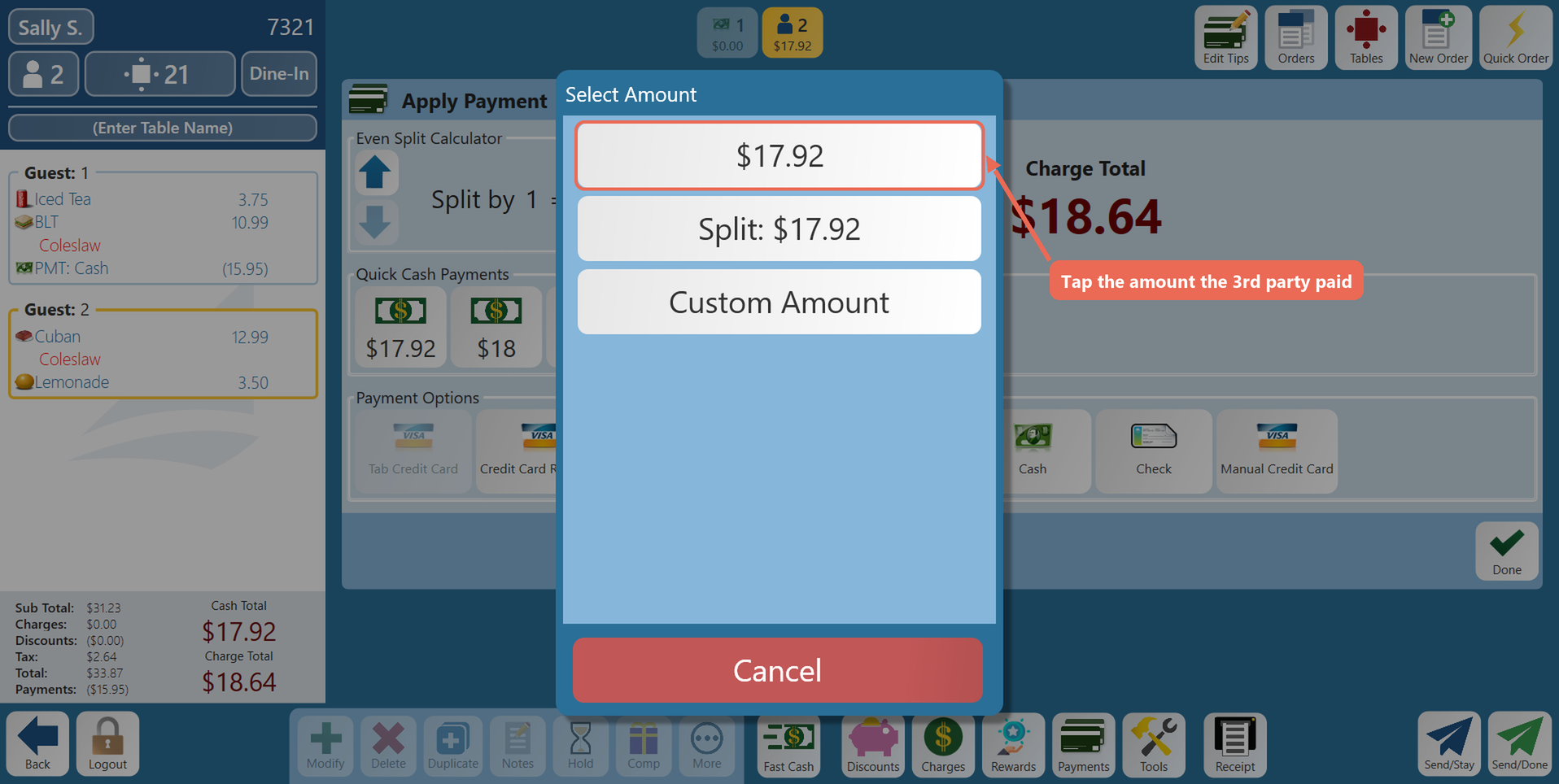 The Select Amount list for a Door Dash payment with $17.92 boxed