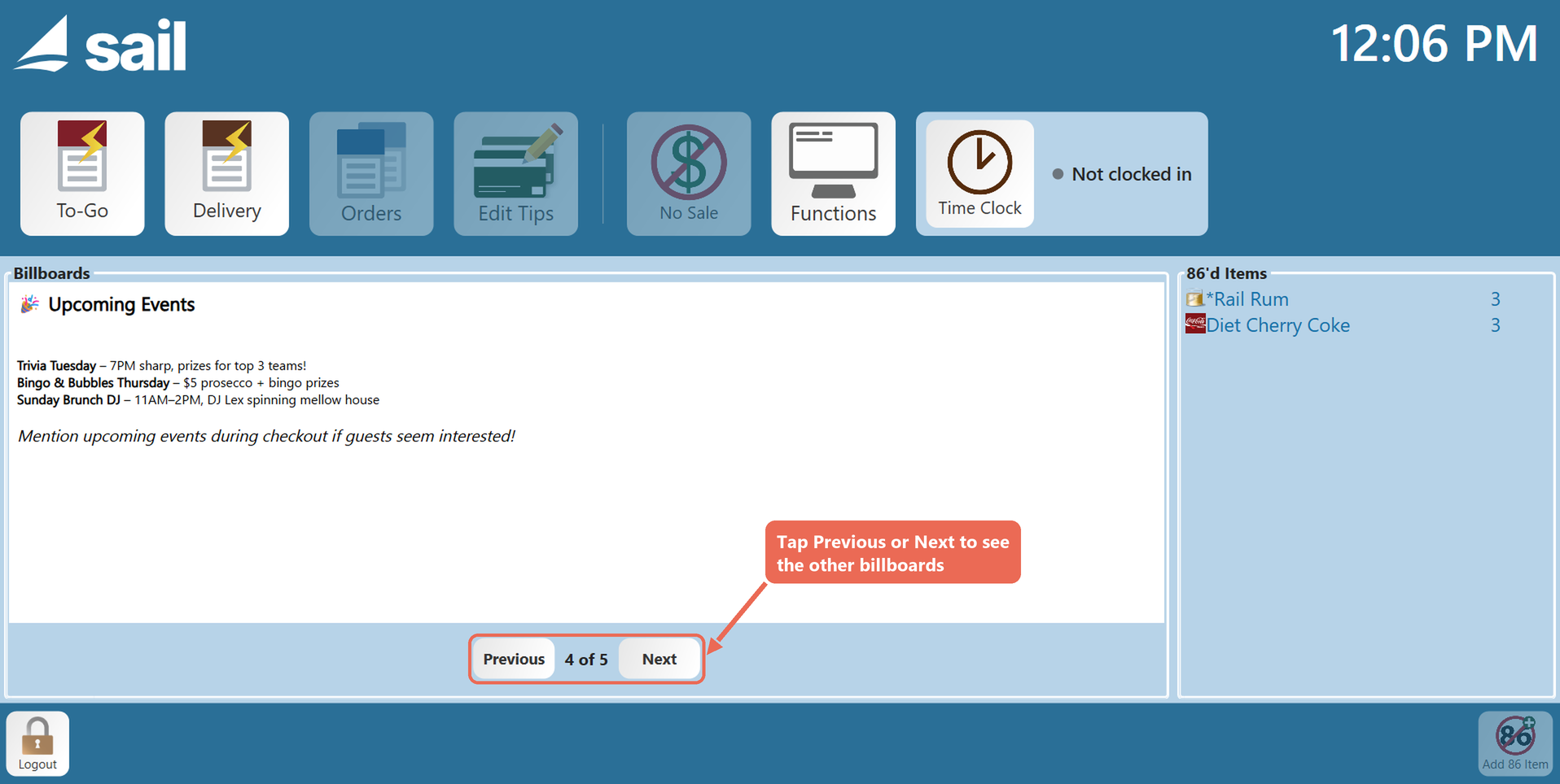 The terminal's home screen after logging in, with the Upcoming Events billboard in the Billboards panel and the Previous and Next buttons marked