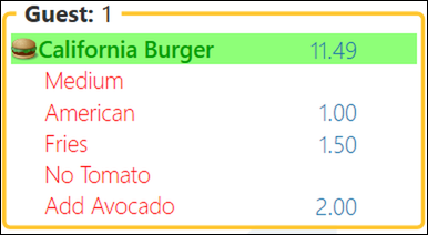 A California Burger on an order with Medium, American, Fries, No Tomato and Add Avocado under it