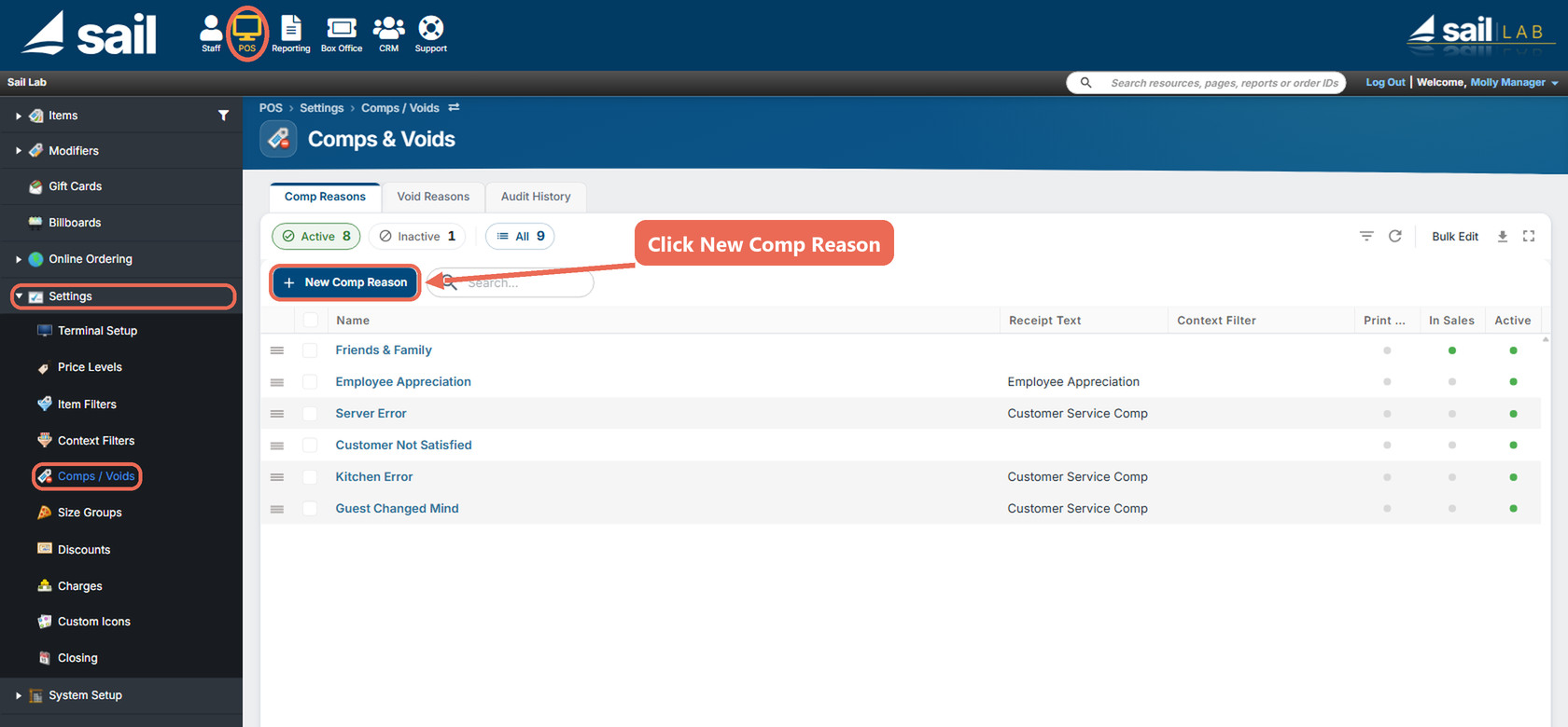 Backoffice with POS at the top, Settings and Comps / Voids in the left menu and the New Comp Reason button marked, above the list of comp reasons