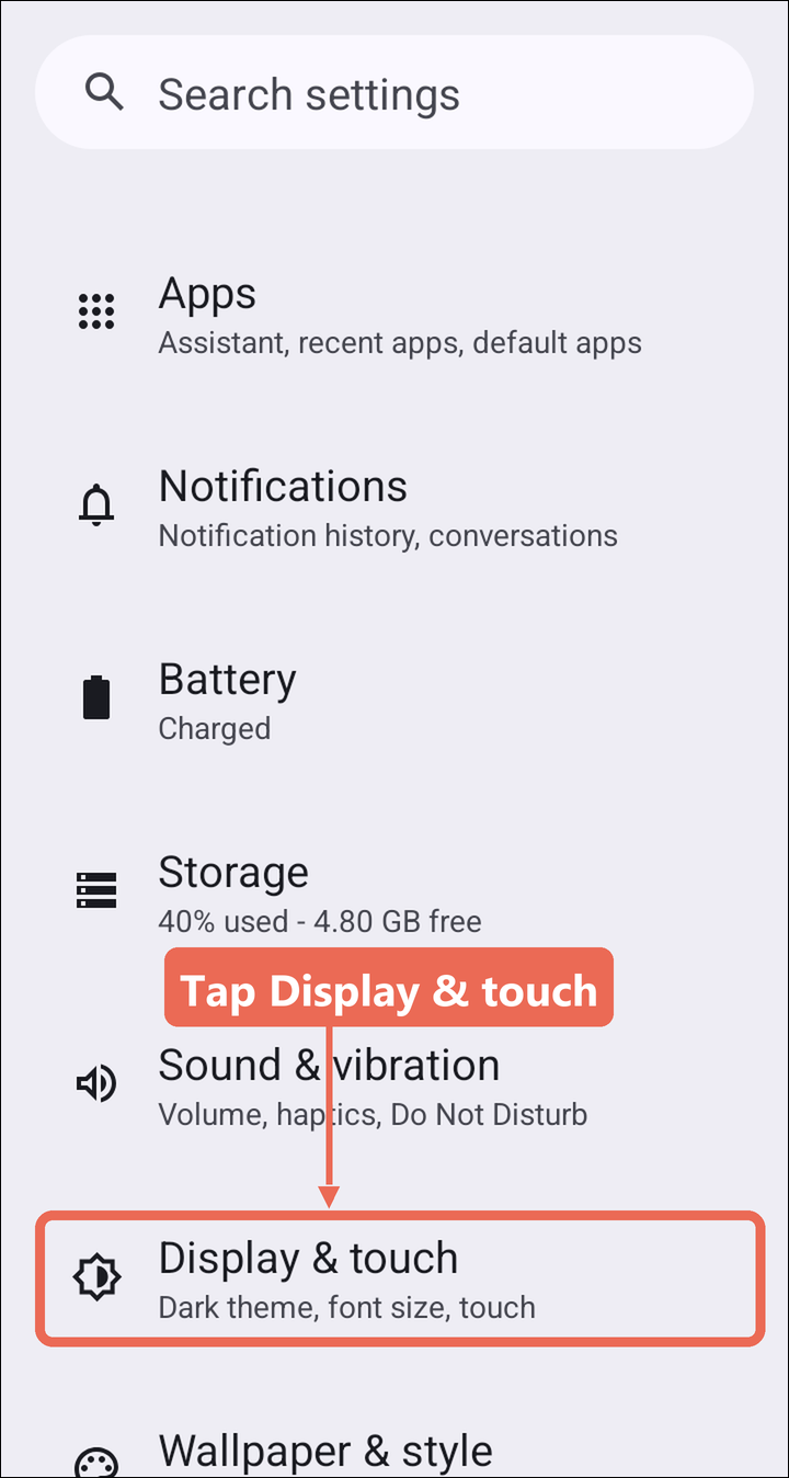 The A77's Settings list with Display & touch marked