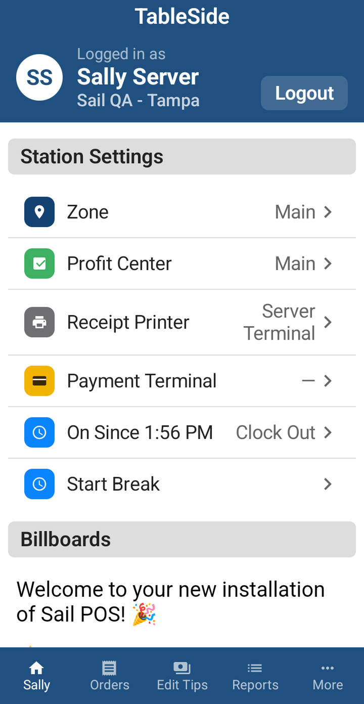 The TableSide Home screen with the font two sizes bigger