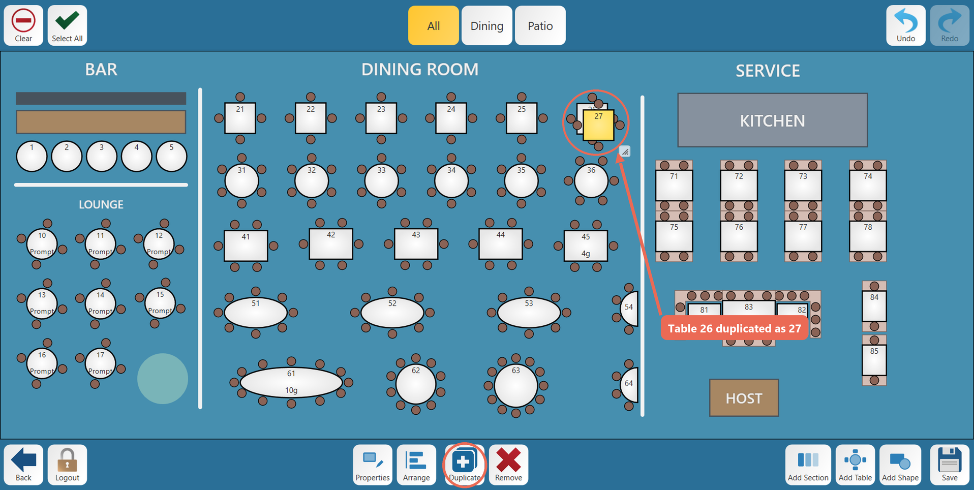 Table 26 duplicated as table 27, with the Duplicate button circled