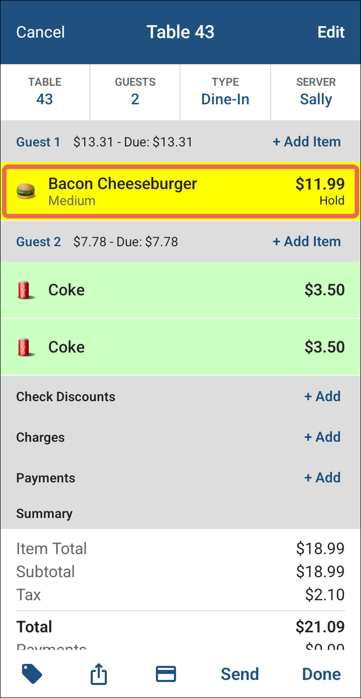 The Bacon Cheeseburger in yellow with Hold under its price