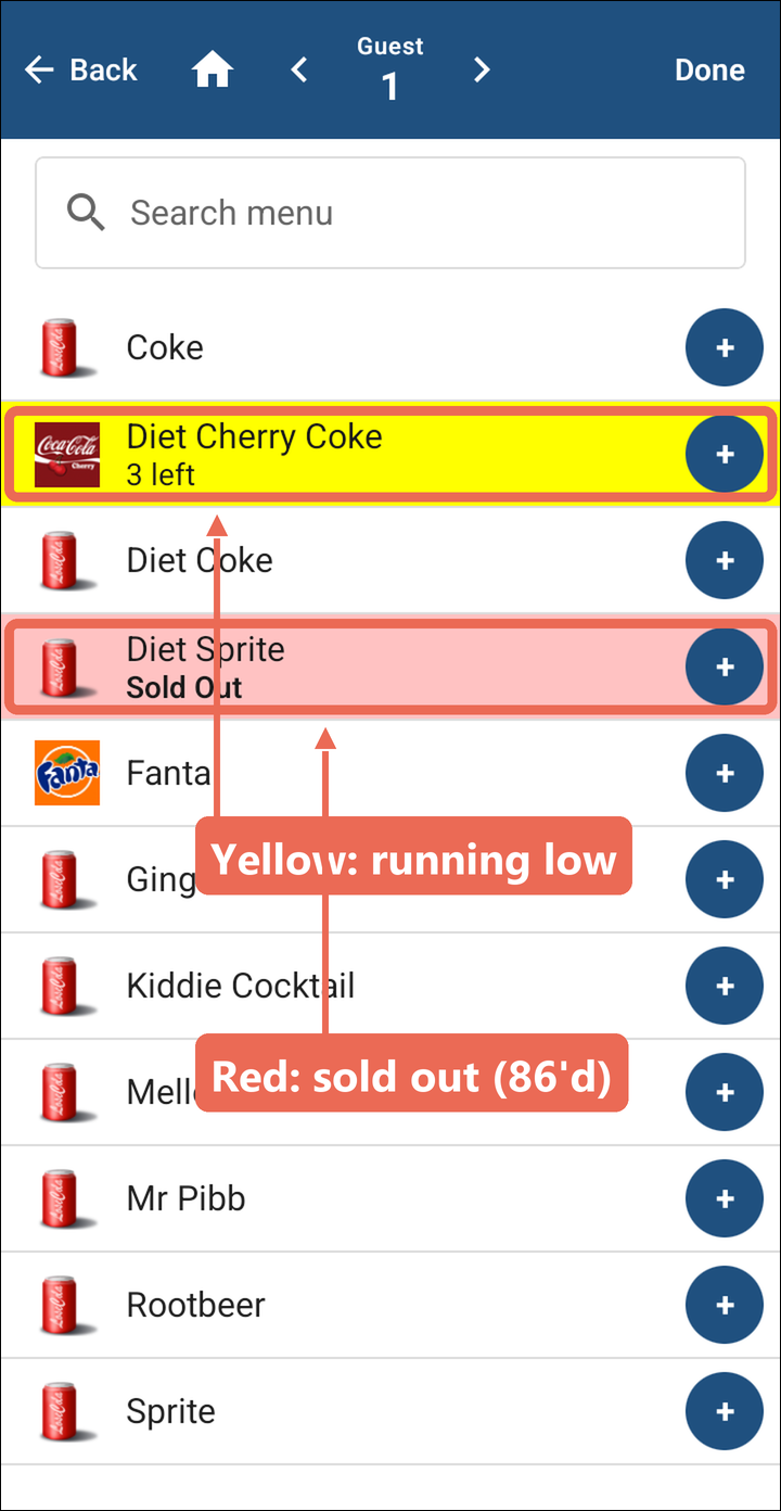 The Soda category with Diet Cherry Coke in yellow showing 3 left and Diet Sprite in red showing Sold Out, both marked