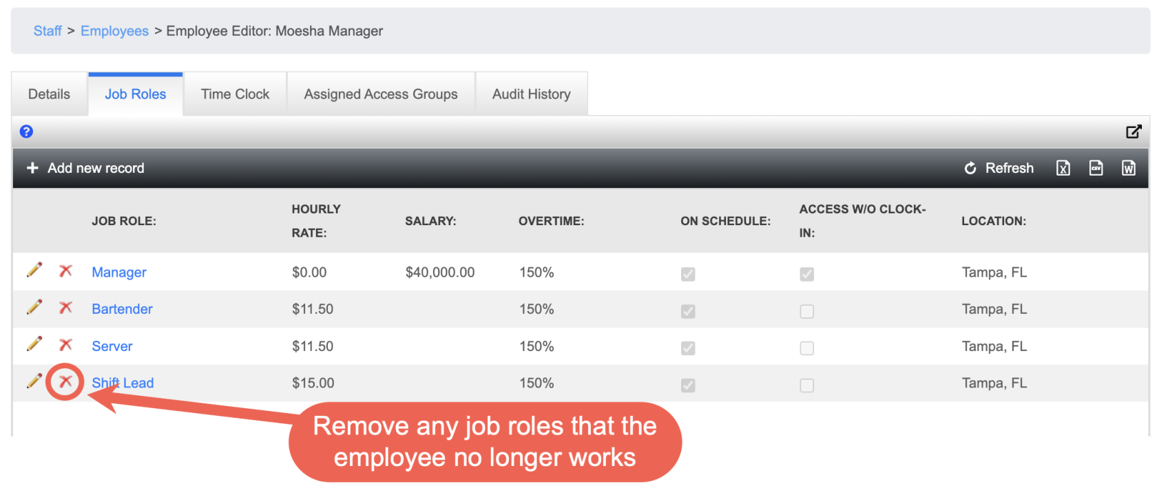 An employee's job roles in Sail Backoffice