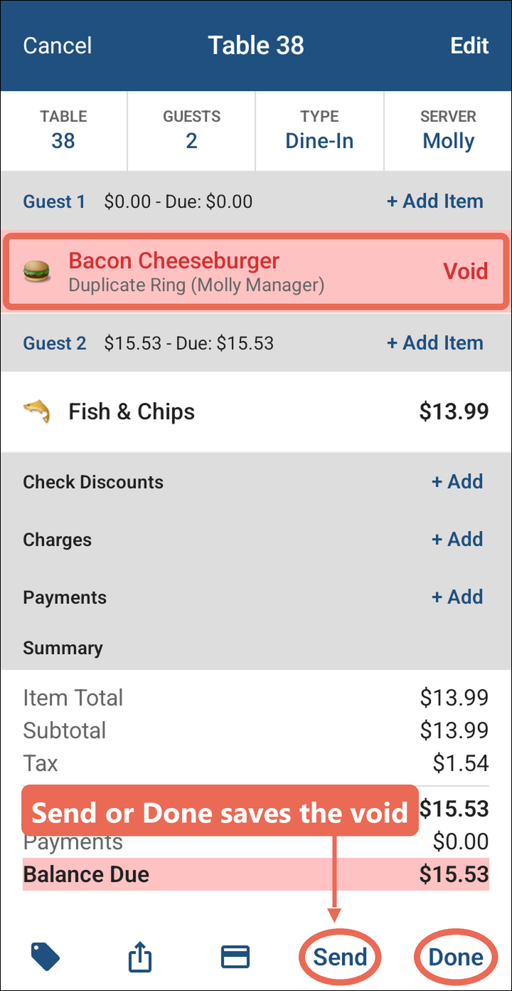 The voided Bacon Cheeseburger in red with Duplicate Ring (Molly Manager), and Send and Done marked