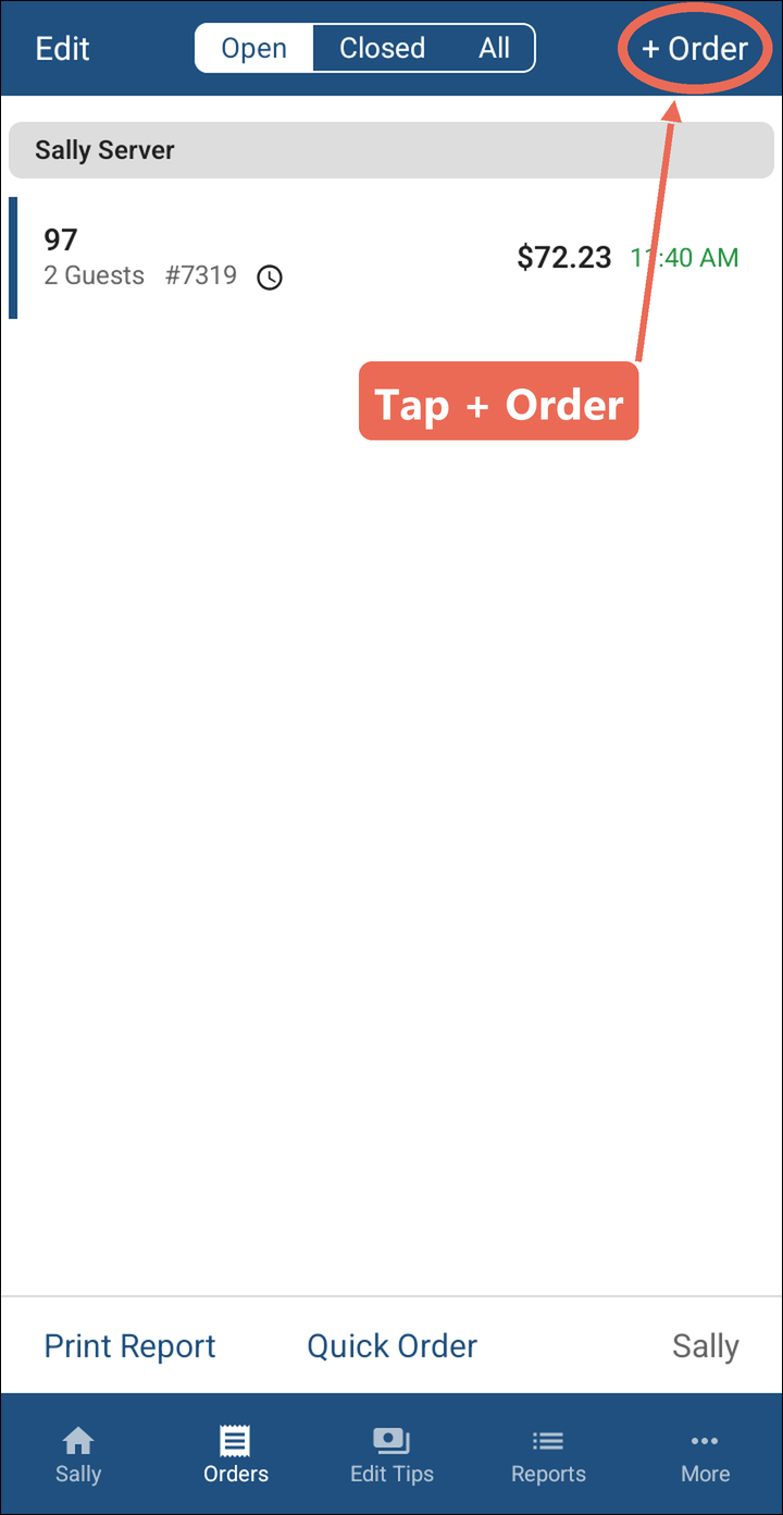 The Orders screen with + Order marked in the upper right corner