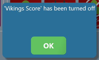 The terminal message 'Vikings Score' has been turned off, with an OK button
