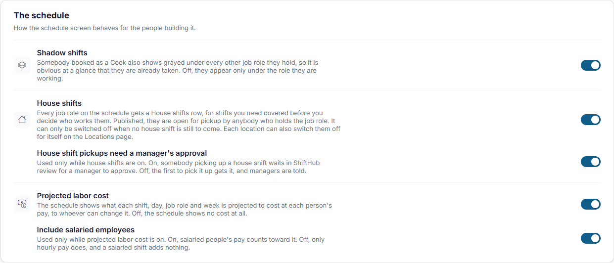 The schedule section of the Settings page