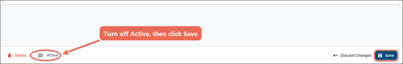 The bottom of the Weekend Specials billboard with the Active switch turned off and the Save button marked