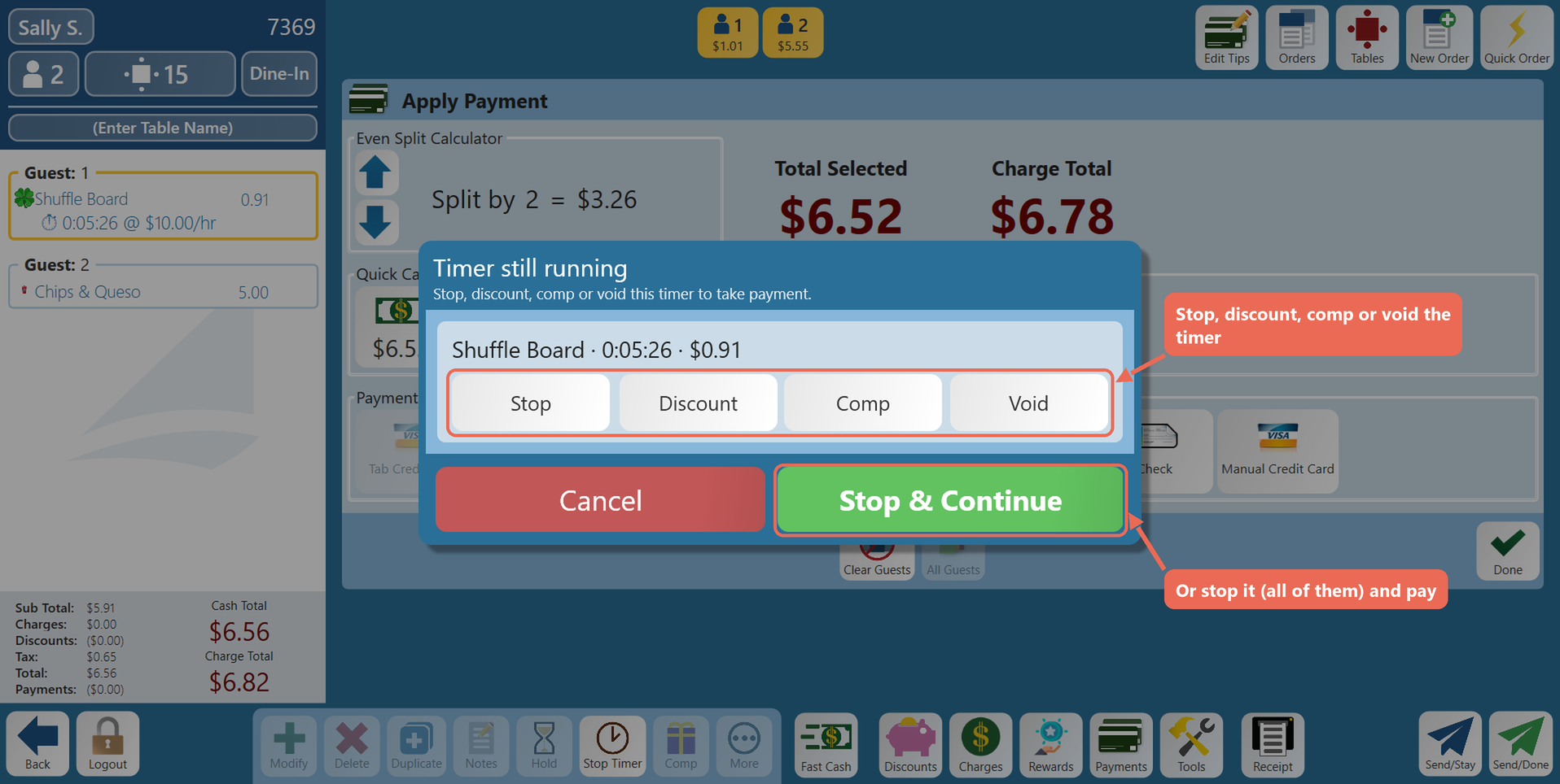 The Timer still running window on the Payments screen: Shuffle Board 0:05:26 $0.91 with Stop, Discount, Comp and Void buttons marked, and Stop and Continue marked