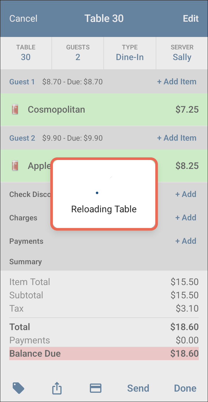The order showing Reloading Table while it is sent before the payment opens