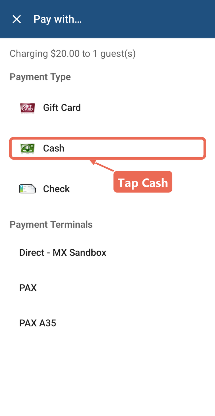 The Pay with screen showing Charging $20.00, with Cash marked