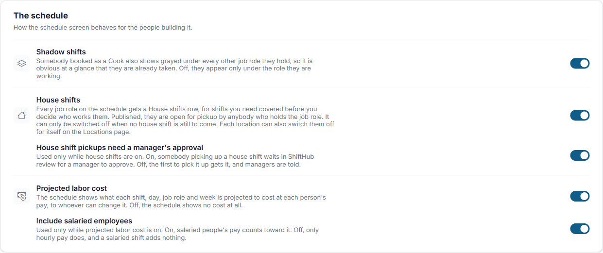 The schedule section of the Settings page