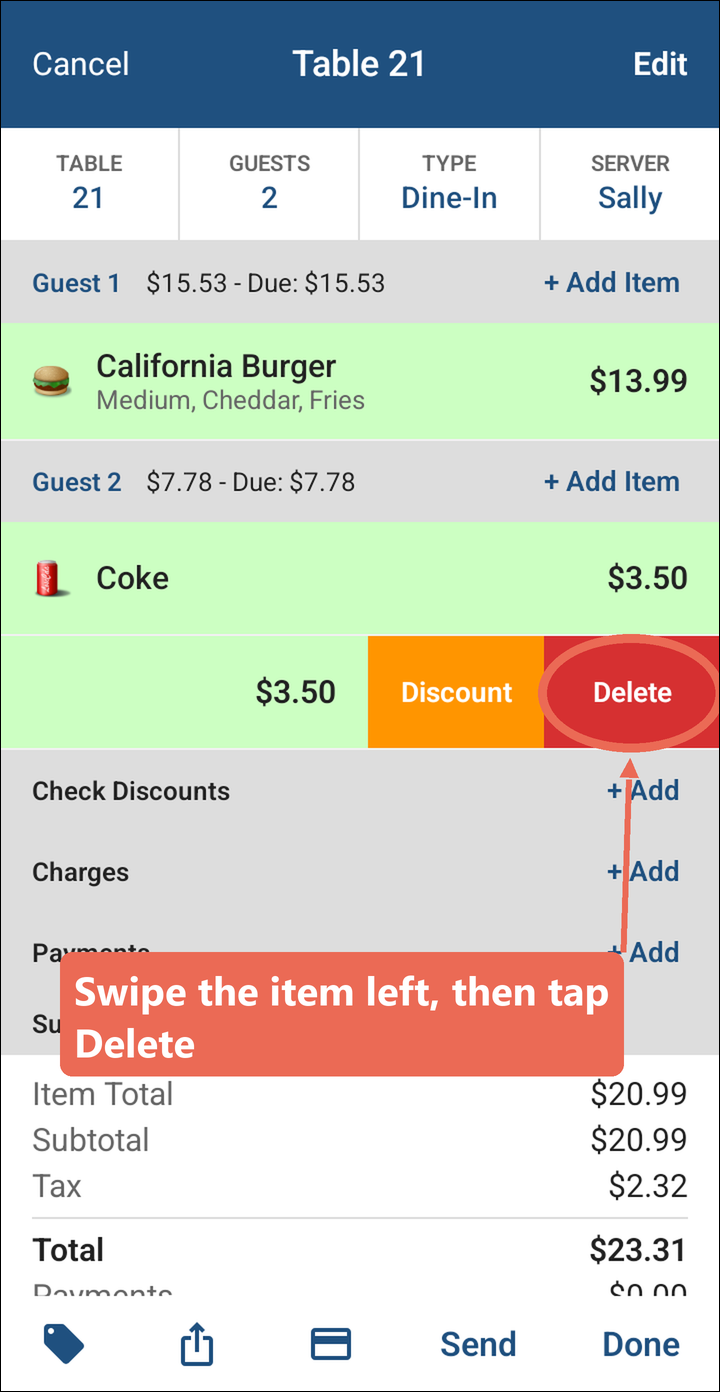 A Coke swiped to the left showing the Discount and Delete buttons, with Delete marked