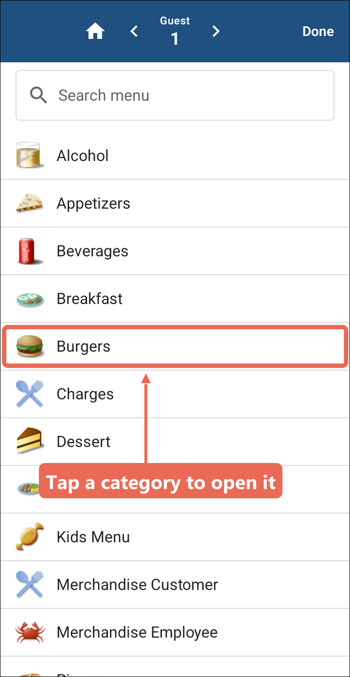 The menu's categories with Burgers marked