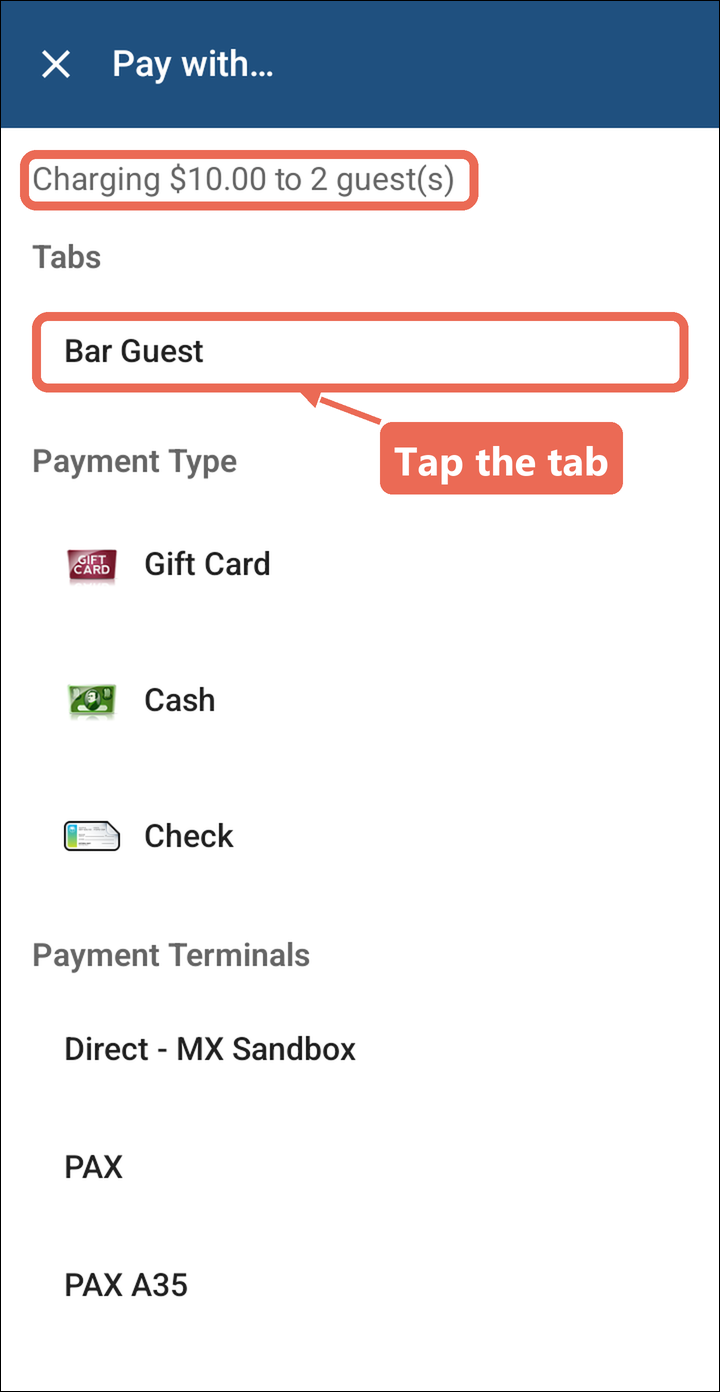 The Pay with screen showing Charging $10.00, with the tab Bar Guest marked