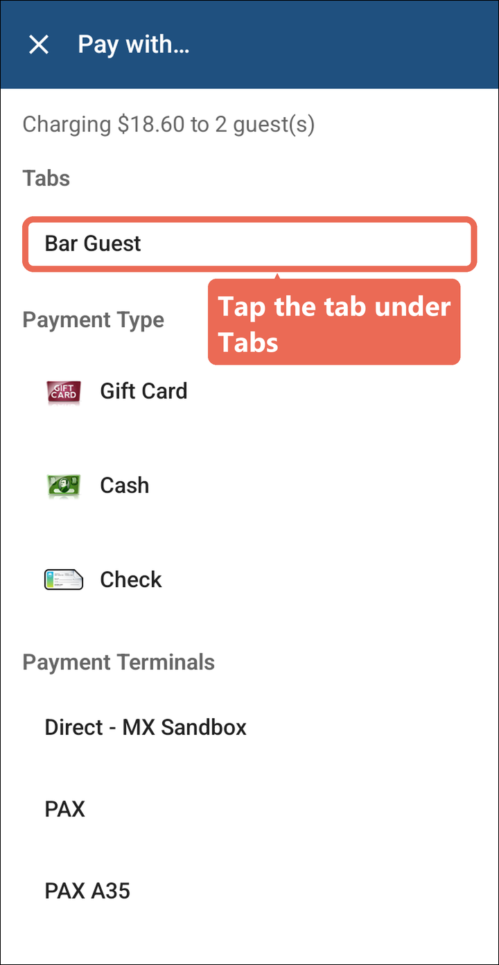 The Pay with screen with the tab Bar Guest marked under Tabs