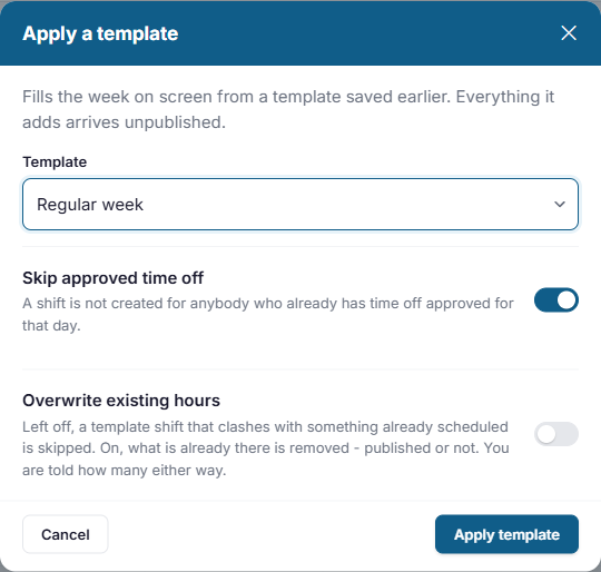 The Apply a template window