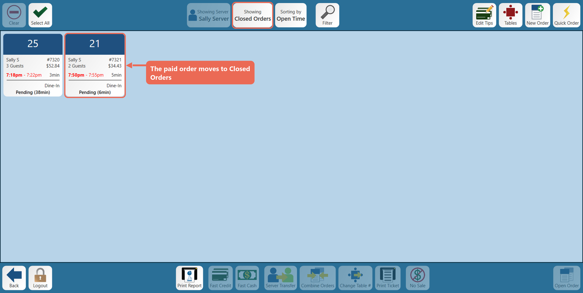 The Orders screen showing Closed Orders, with the paid order on table 21 boxed