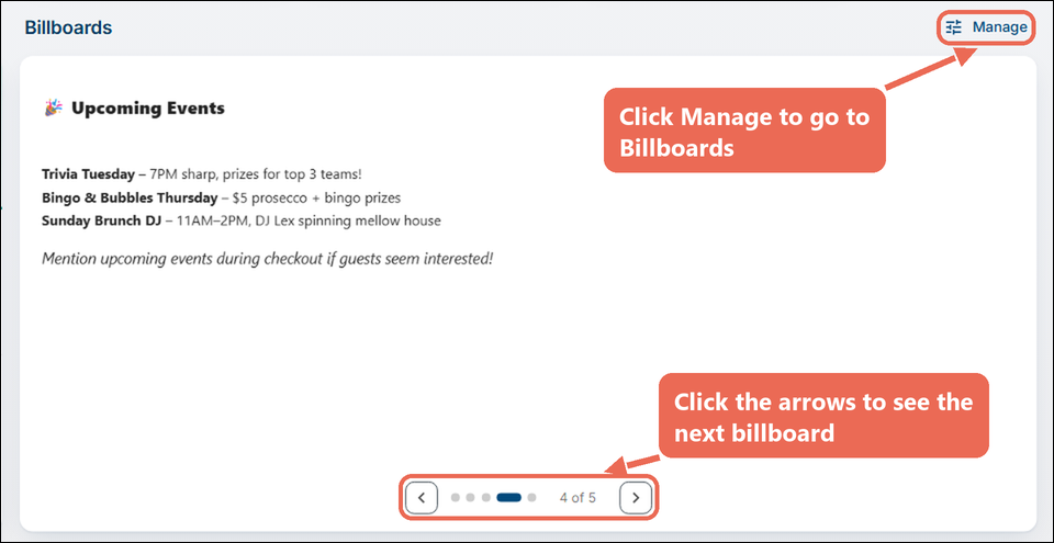 The Billboards panel on the Backoffice home page showing Upcoming Events, with the Manage button and the arrows marked