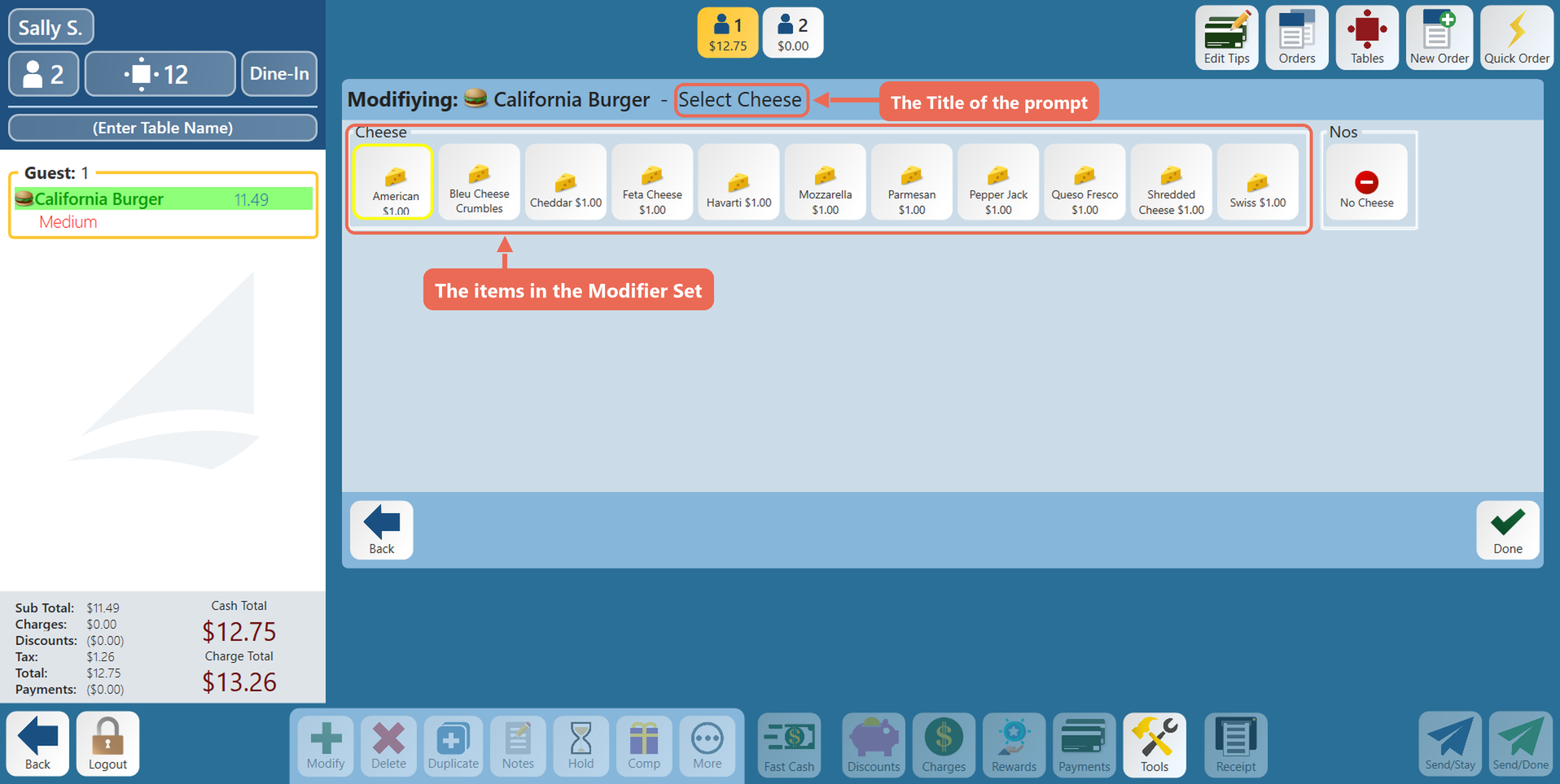 The Select Cheese prompt on the terminal for a California Burger, with the Title and the items of the Cheese Selection set marked