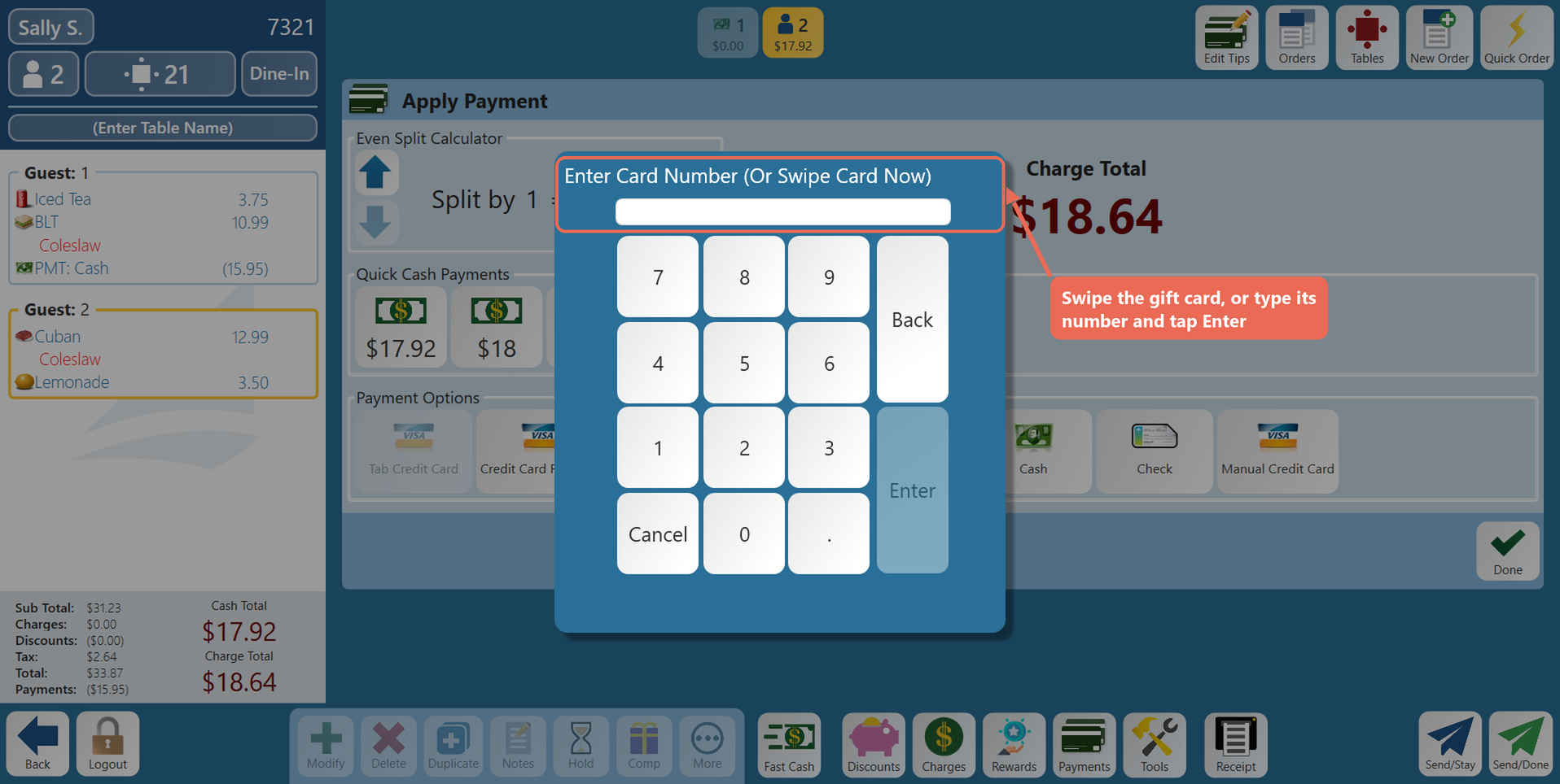 The Enter Card Number (Or Swipe Card Now) keypad, its title boxed