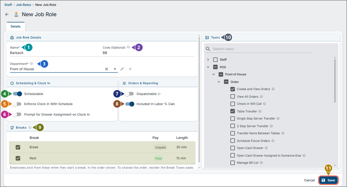 The New Job Role page with numbered markers on Name, Code, Department, the five switches, Breaks, Tasks and the Save button