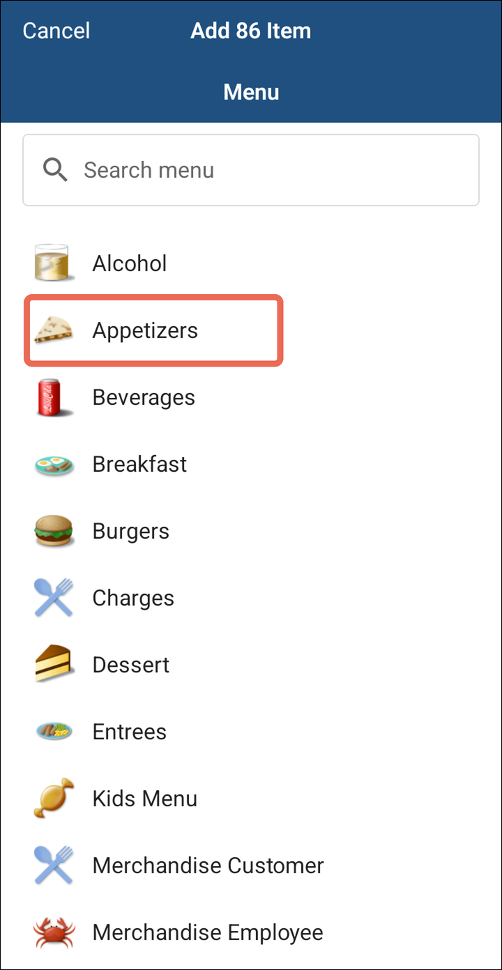 The Add 86 Item window listing the menu categories, with Appetizers marked