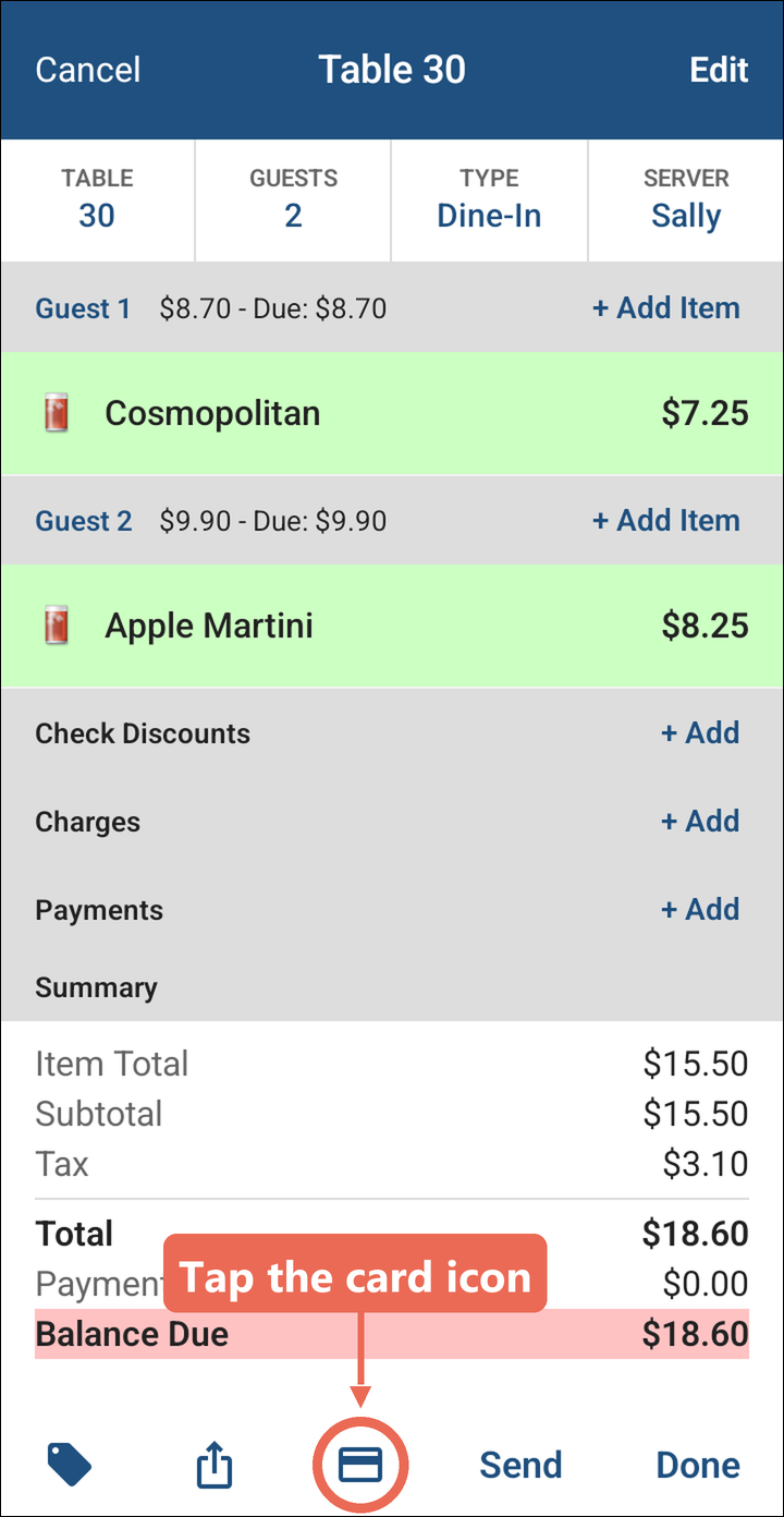 An order for Table 30 with two drinks, with the card icon marked in the bar at the bottom