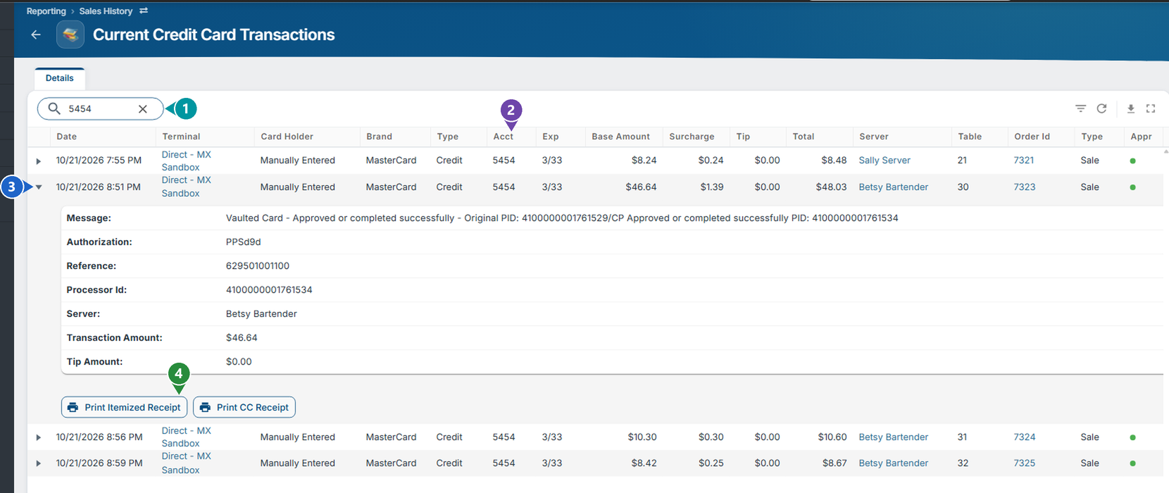The day's credit card payments with 5454 in the search box and one payment opened, with numbers on the search box, the Acct column, the arrow and the Print Itemized Receipt button