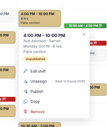The menu for an unpublished shift
