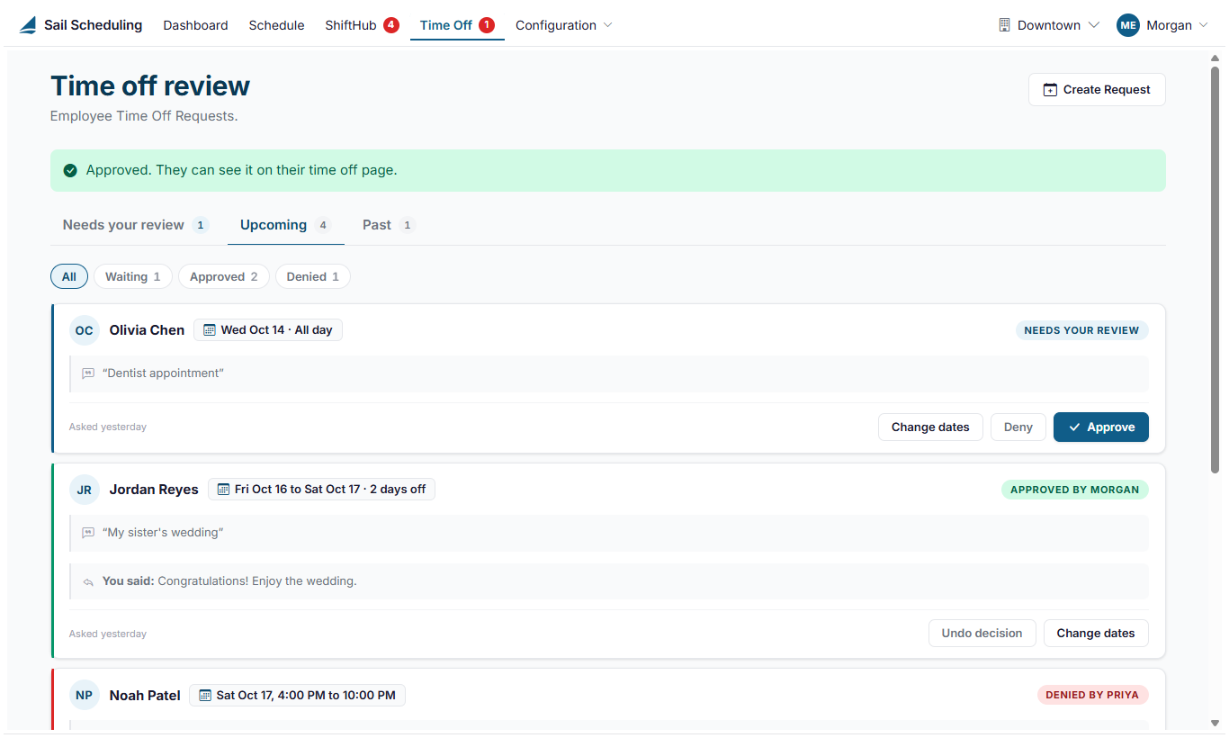 The Upcoming tab, with approved and denied requests