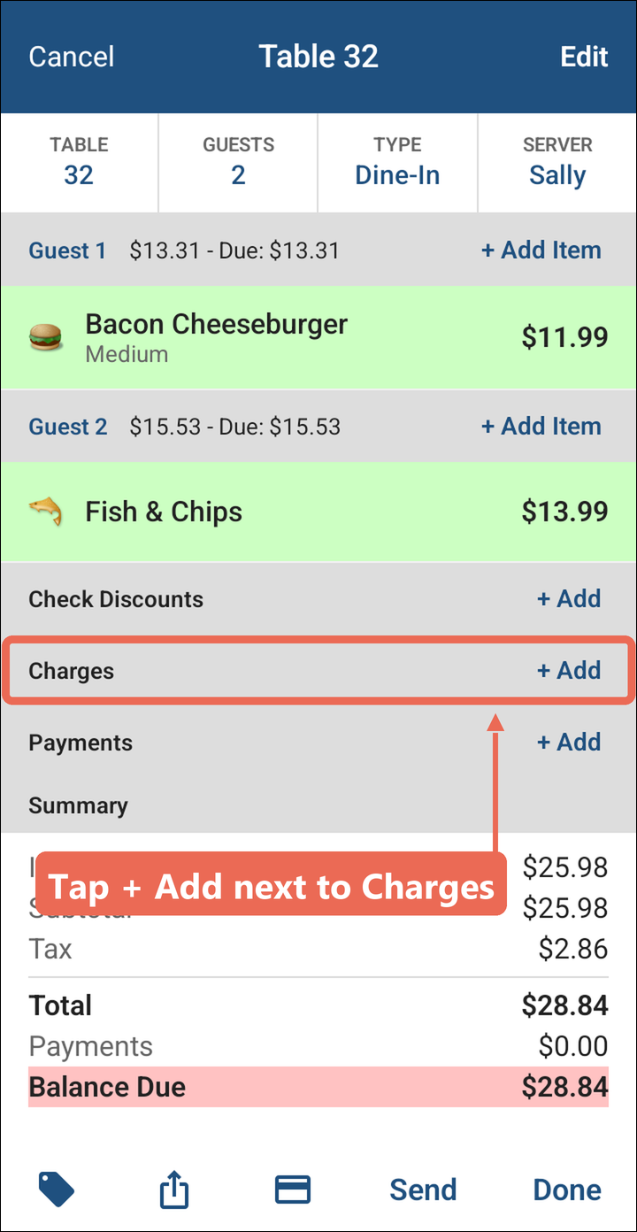 The order with the Charges row and its + Add button marked