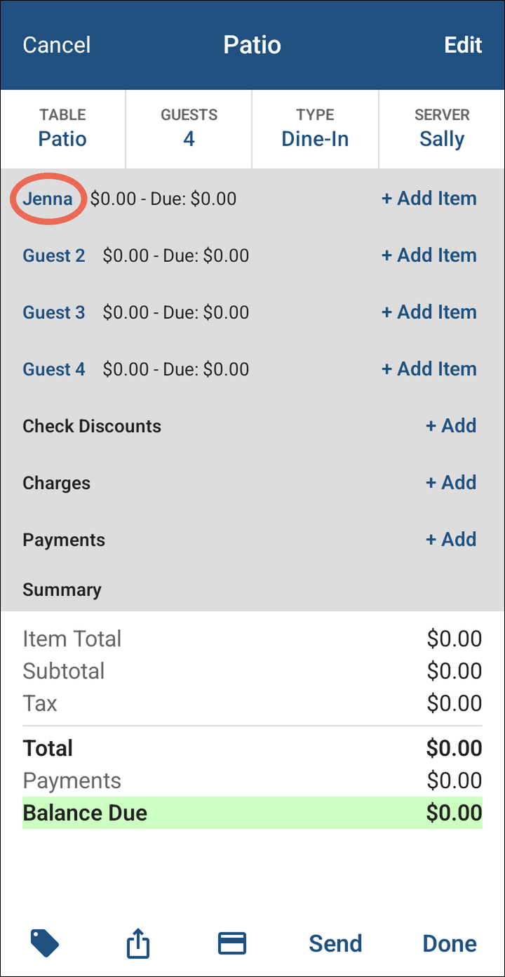 The order with Jenna marked where Guest 1 was