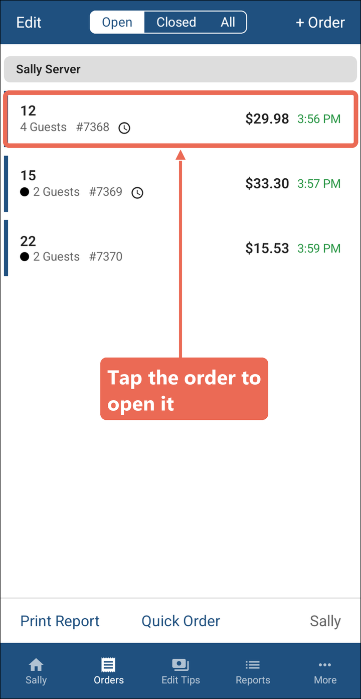 The Orders screen with the order for table 12 marked